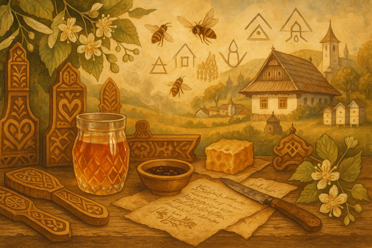 Zátišie s medom, včelím plástom a starými listinami na drevenom stole, s výhľadom na historickú dedinu s úľmi a kvitnúcu lipu v zlatistých tónoch.